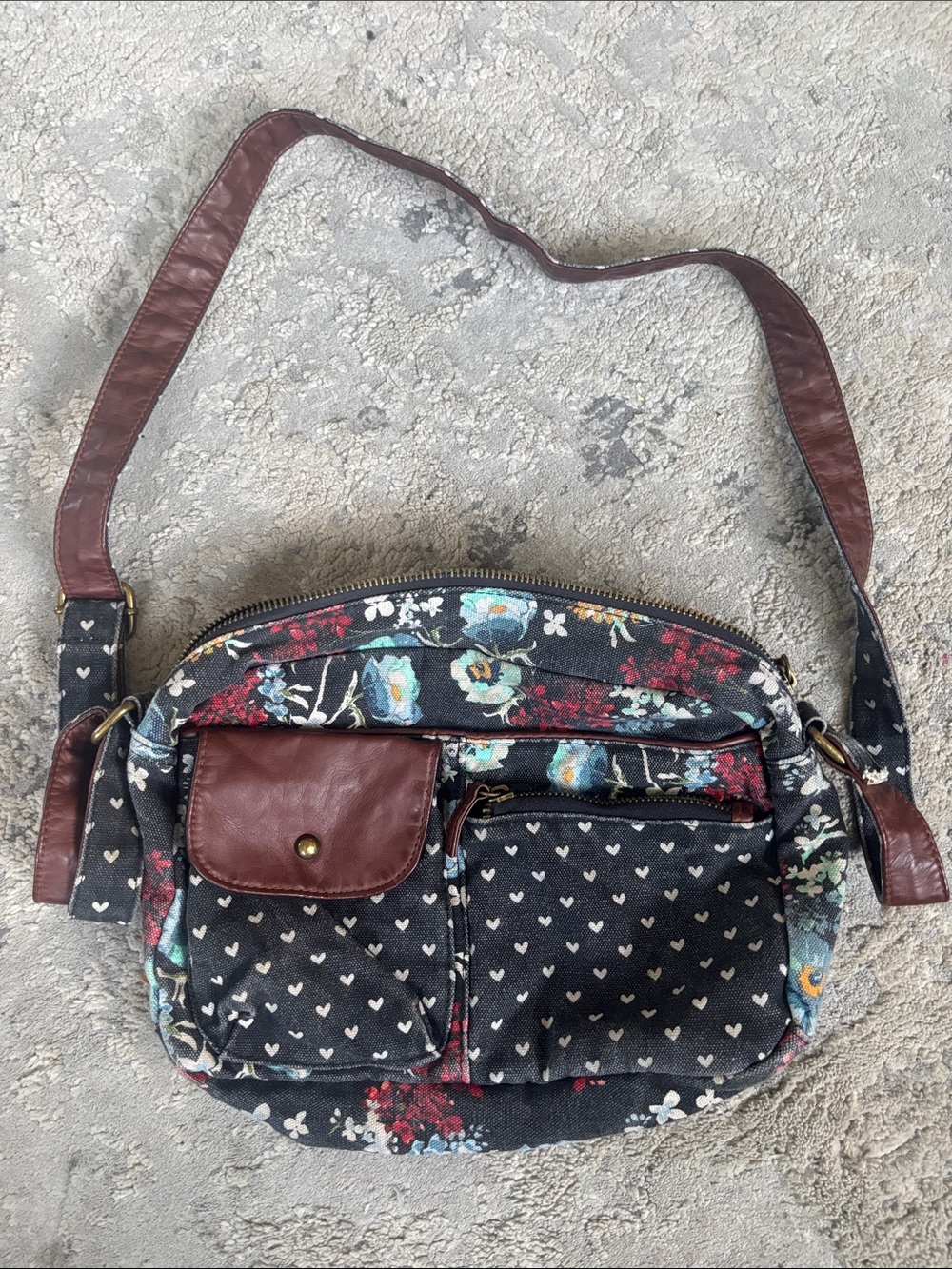 Lulu Black Floral & Heart Print Crossbody with Brown Trim